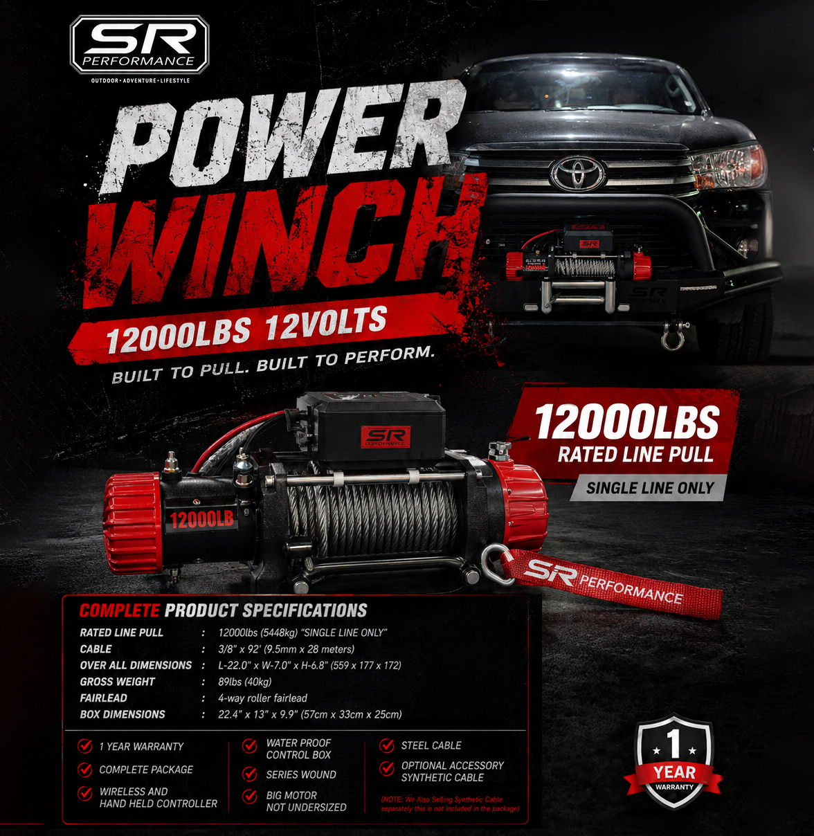 POWER WINCH STEEL CABLE 12000LBS 12V